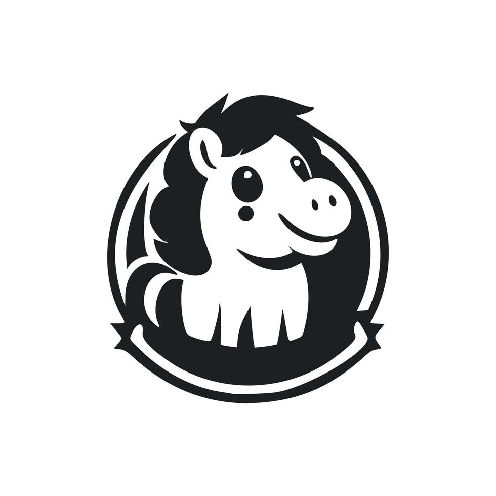 negro y blanco sin complicaciones logo con un linda alegre poni. vector