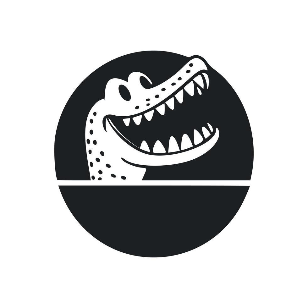 Black and white Simple logo with an adorable Cheerful crocodile. vector