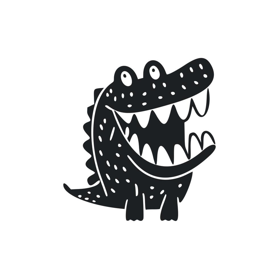 Black and white basic logo with an adorable Cheerful crocodile. vector