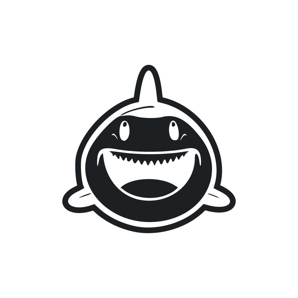 Black and white Simple logo with an adorable Cheerful shark. vector