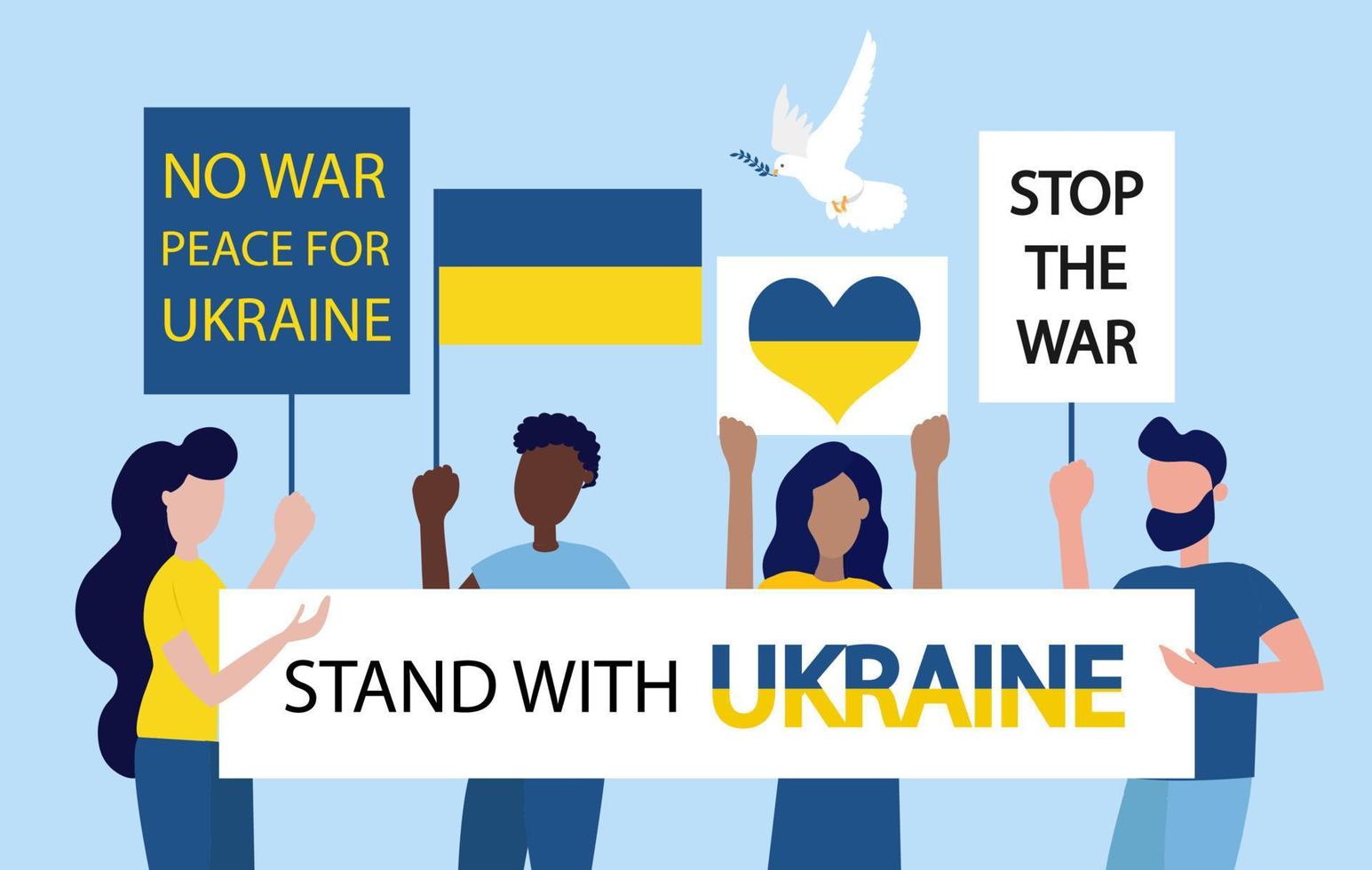 A group of people of different nationalities support Ukraine. No war concept vector banner