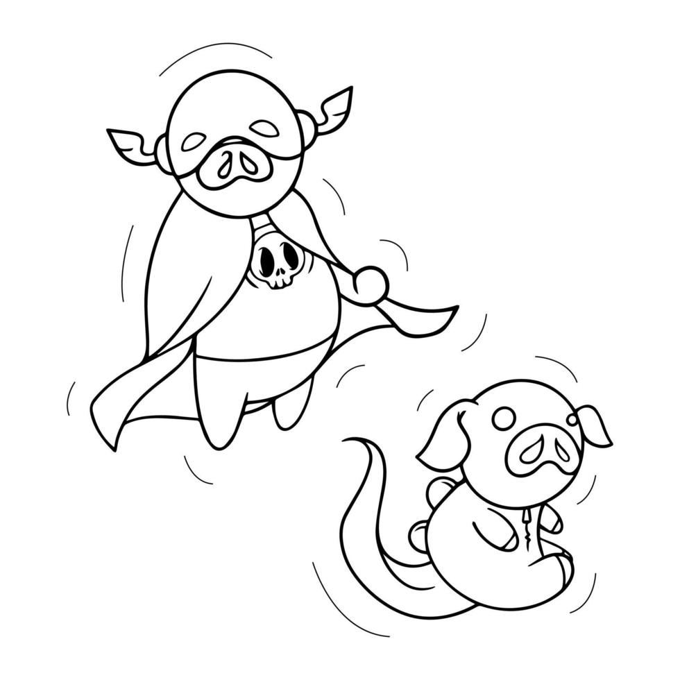 set-drawing of cute pigs are cosplaying in various conditions and styles. super heroes and dinosaurs cosplay vector