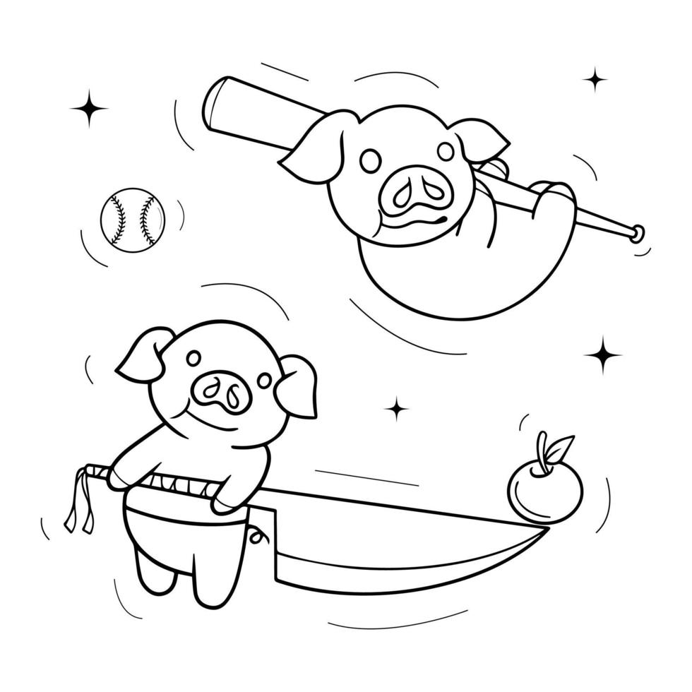 set-drawing of cute pigs are cosplaying in various conditions and styles. chef and baseball player cosplay vector