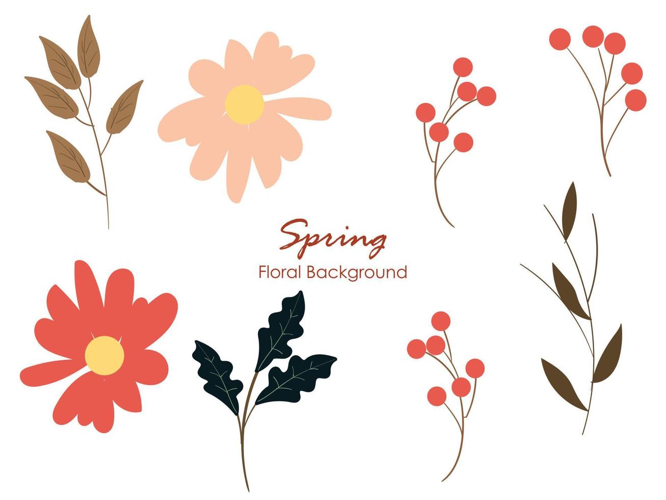 Set of spring and summer wild flowers, plants, branches, leaves and herb. vector