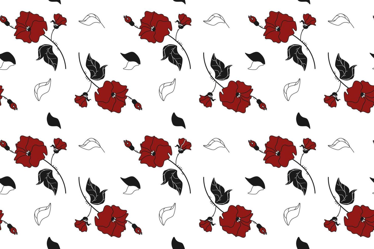 Pattern wild dog rose passion red color, black contour on white background vector