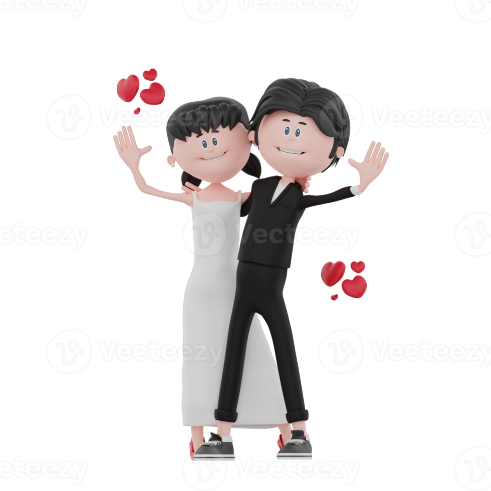 3d bride and groom character are waving png