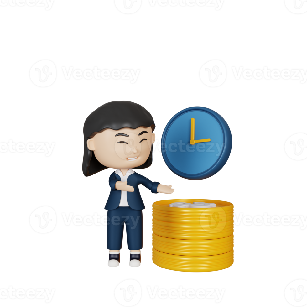 3d rendering cute businesswoman with time management png
