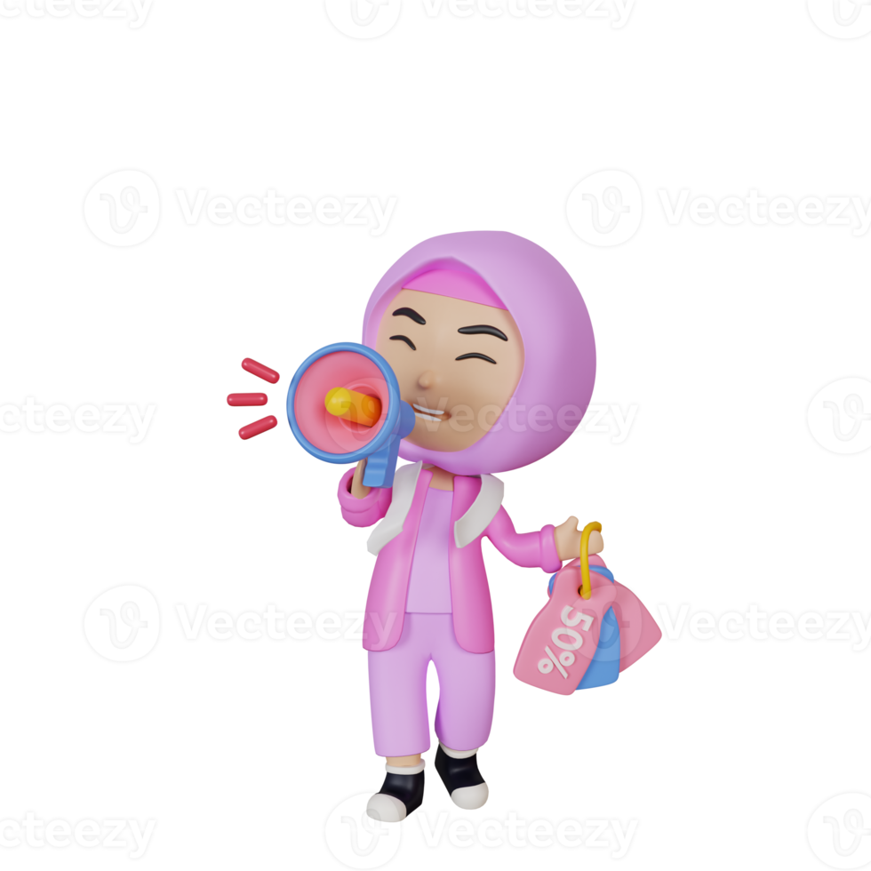 3d rendering cute girl character with discount badge illustration png