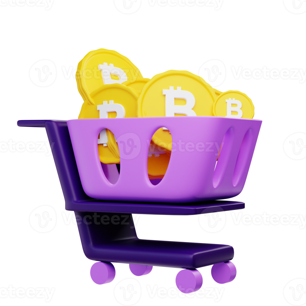 3d rendering bitcoin on shopping cart illustration object with transparent background png