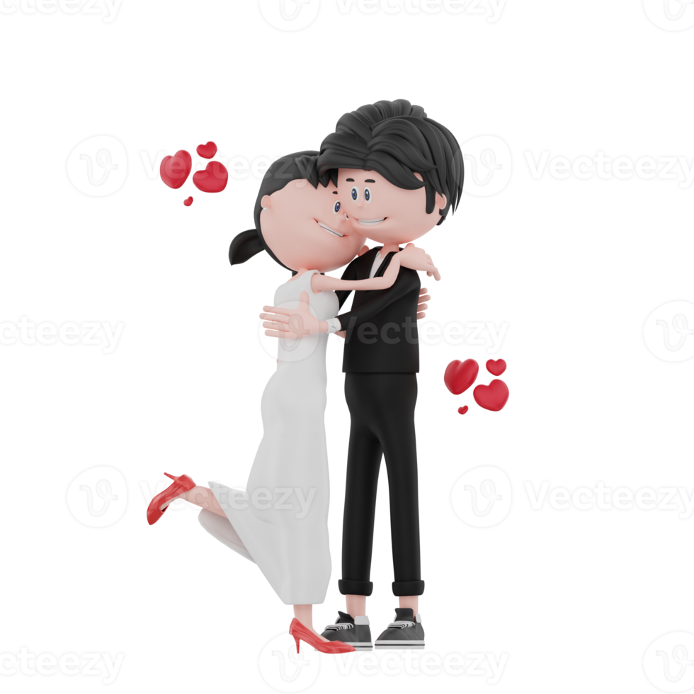 3d bride and groom character are hugging illustration png