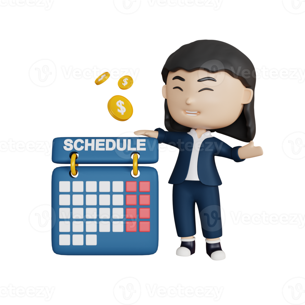 3d rendering cute businesswoman with schedule png