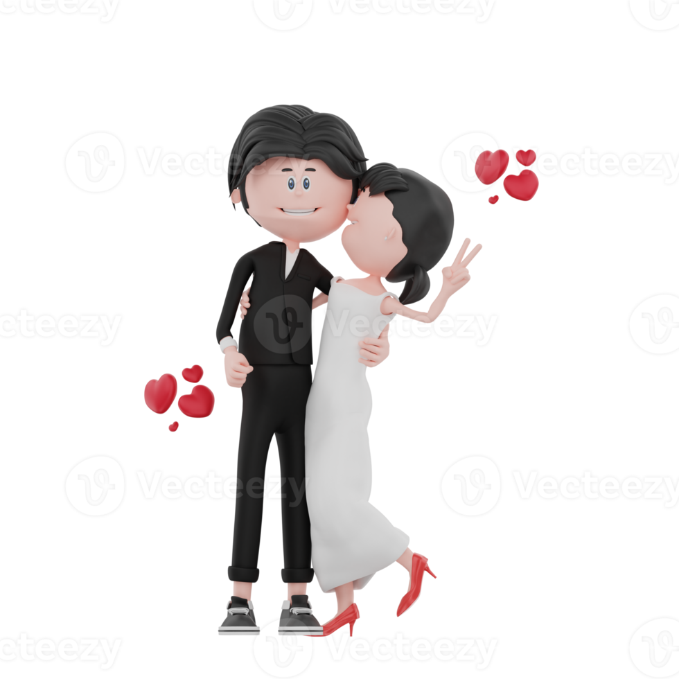 3d bride and groom character are hugging illustration png