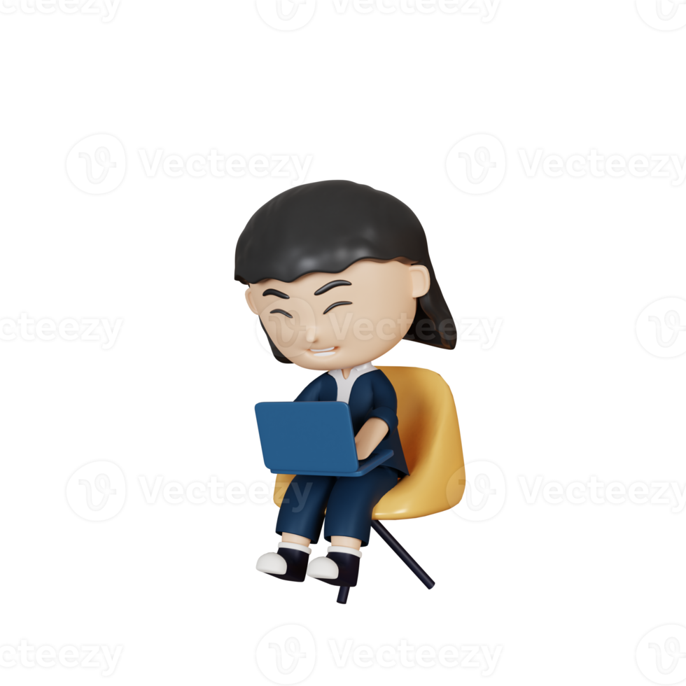 3d rendering cute businesswoman sitting and laptop png