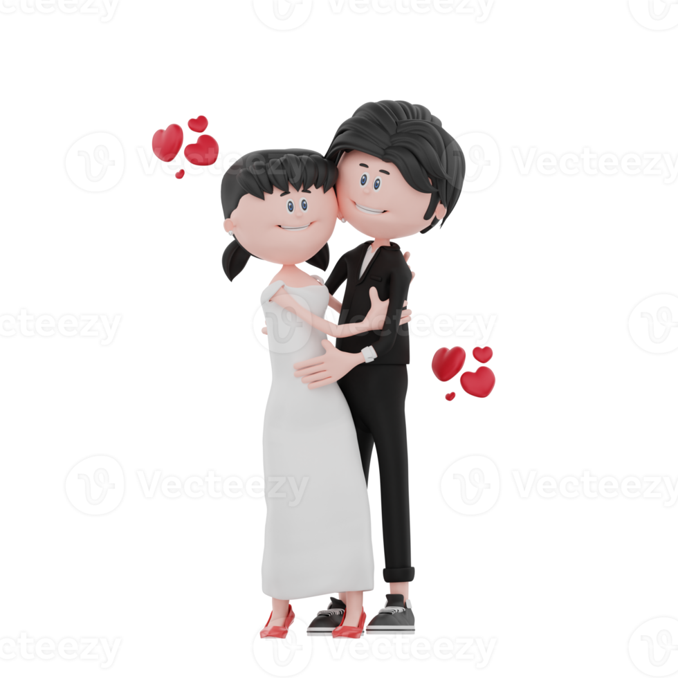 3d bride and groom character are hugging illustration png