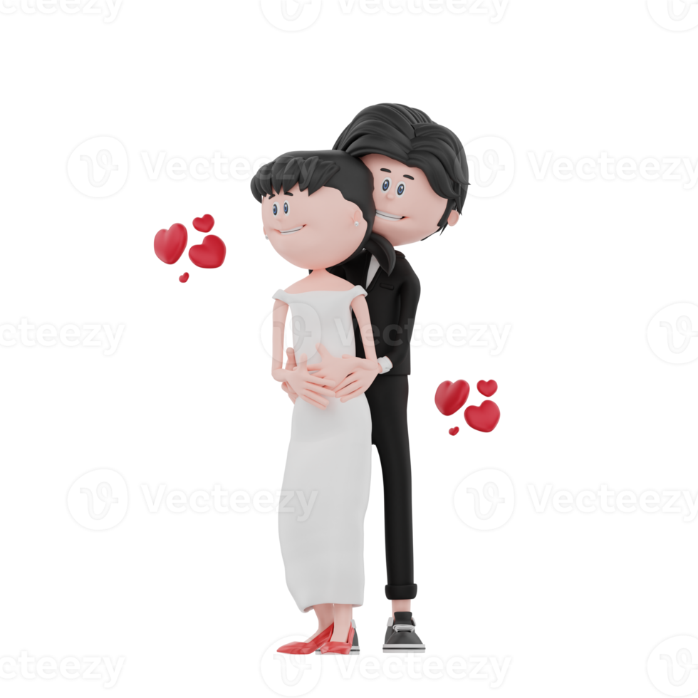 3d bride and groom character are hugging illustration png