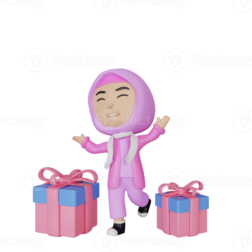 3d rendering cute girl character with  giftbox illustration png