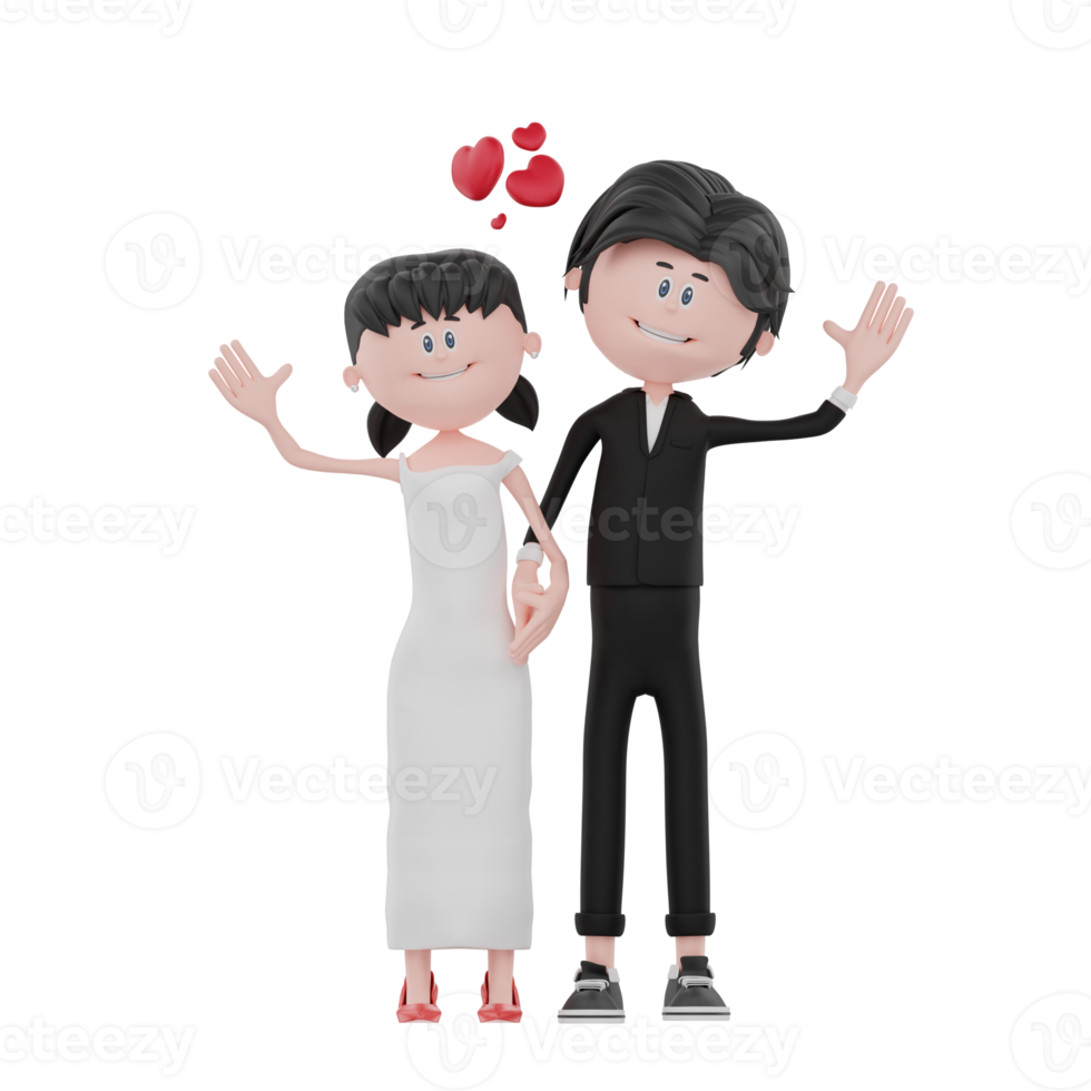 3d bride and groom character are waving png