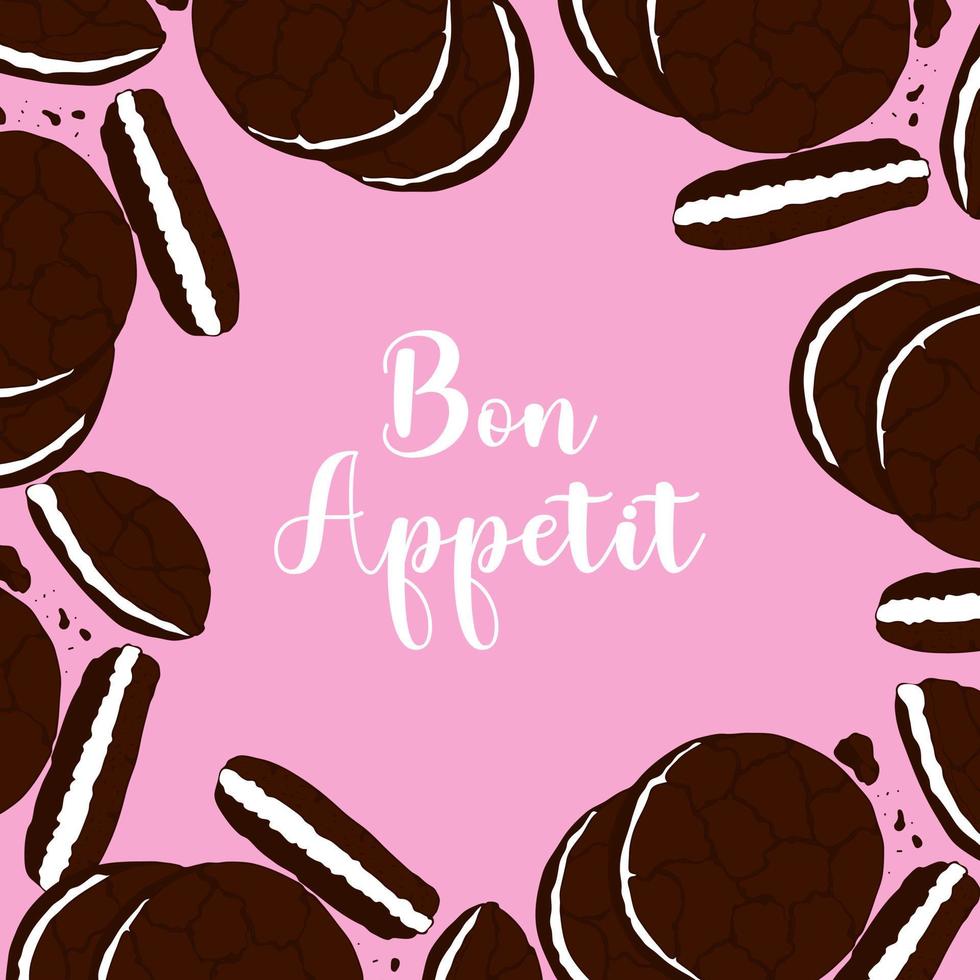 Bon Appetit banner , chocolate cookie, pink background. vector