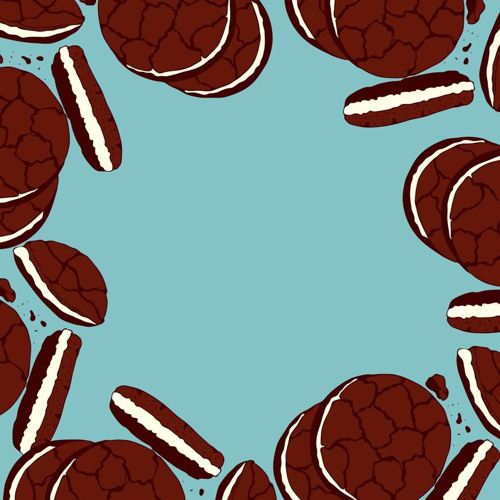 Cookie banner, chocolate and cream, template, empty place to insert, blue background. vector