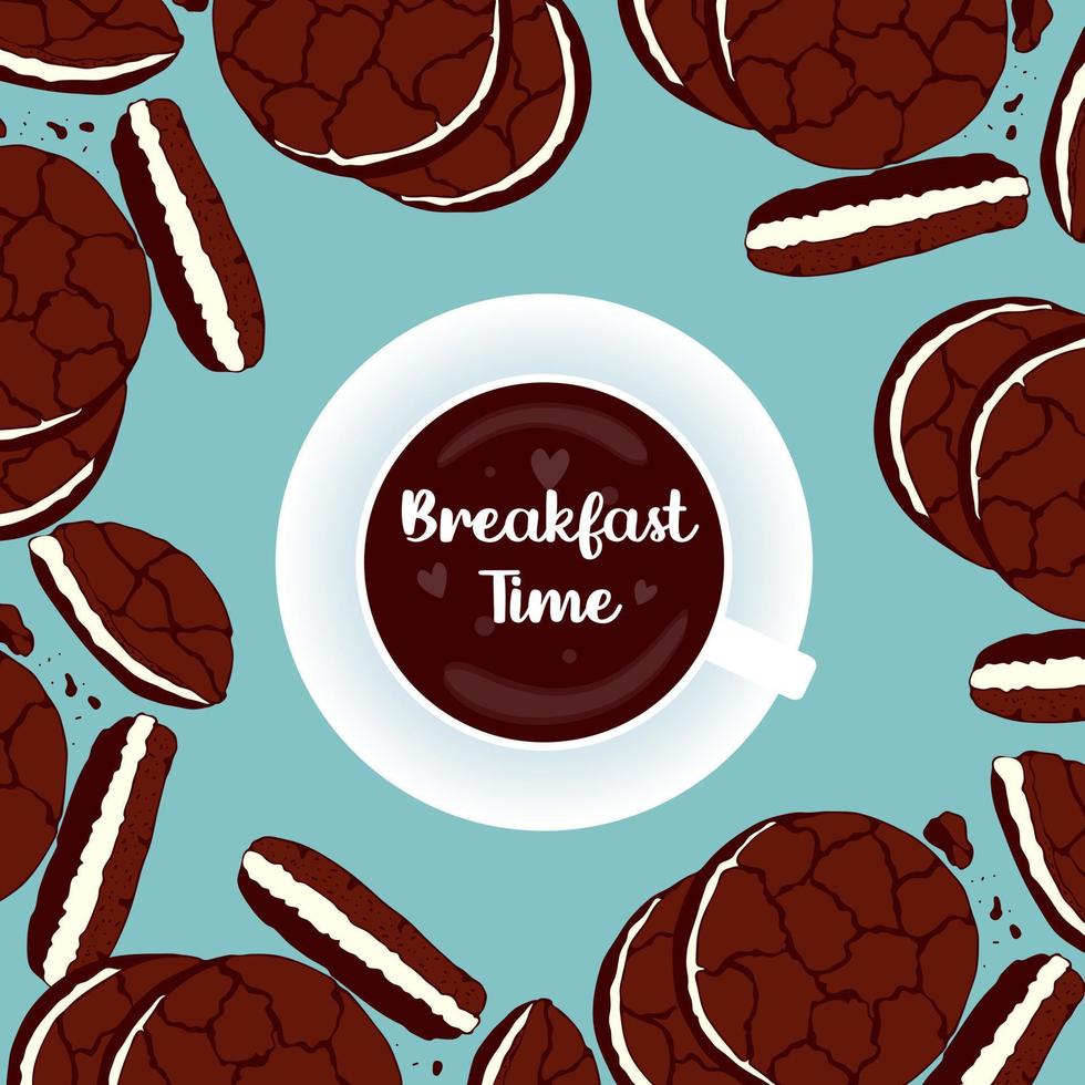 Breakfast time banner , chocolate cookie, cup coffe , blue background. vector