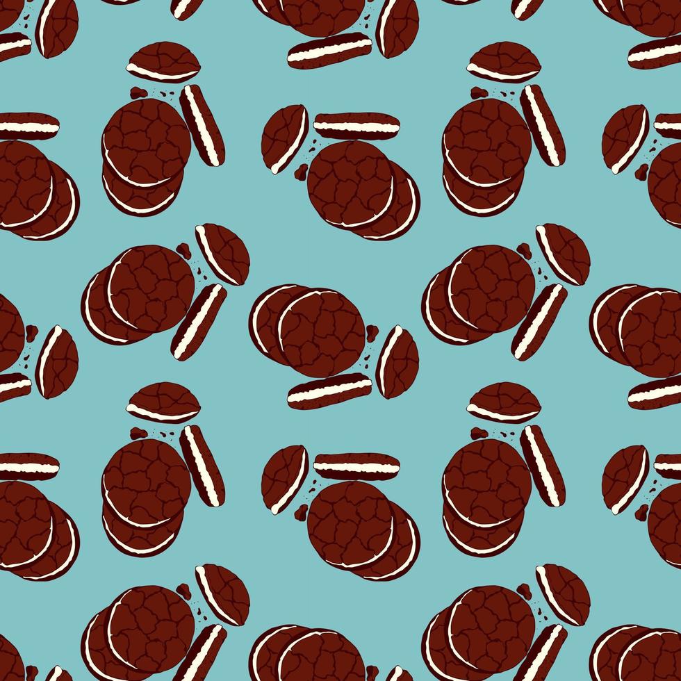 Pattern of chocolate chip cookies with filling and biscuit crumbs on a blue background, hand drawn doodles. National Cookie Day. vector