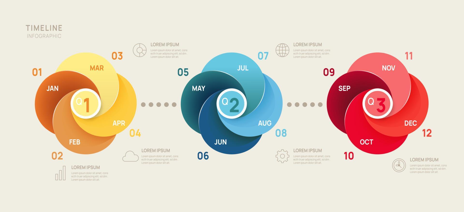 Infographic Timeline rounded elements diagram template for business. 4 successive Steps Modern roadmap with circle topics, flat vector infographics, flow charts.