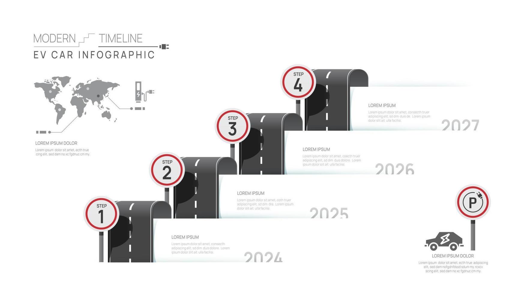 Infographic Ev car Timeline diagram template for business. 4 Steps Modern roadmap with road topics, for vector infographics, flow charts, presentations.