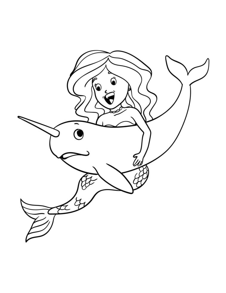 Mermaid and Hugging Narwhal Isolated Coloring Page vector