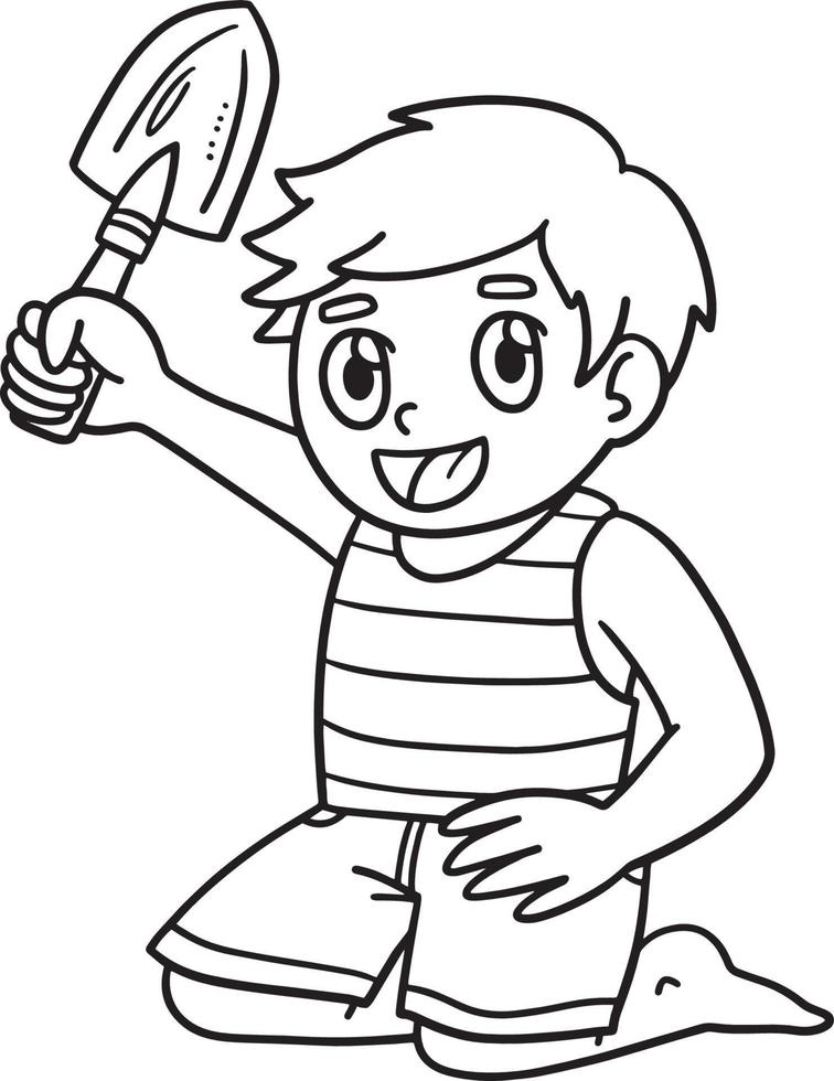 Child Holding Shovel Isolated Coloring Page vector