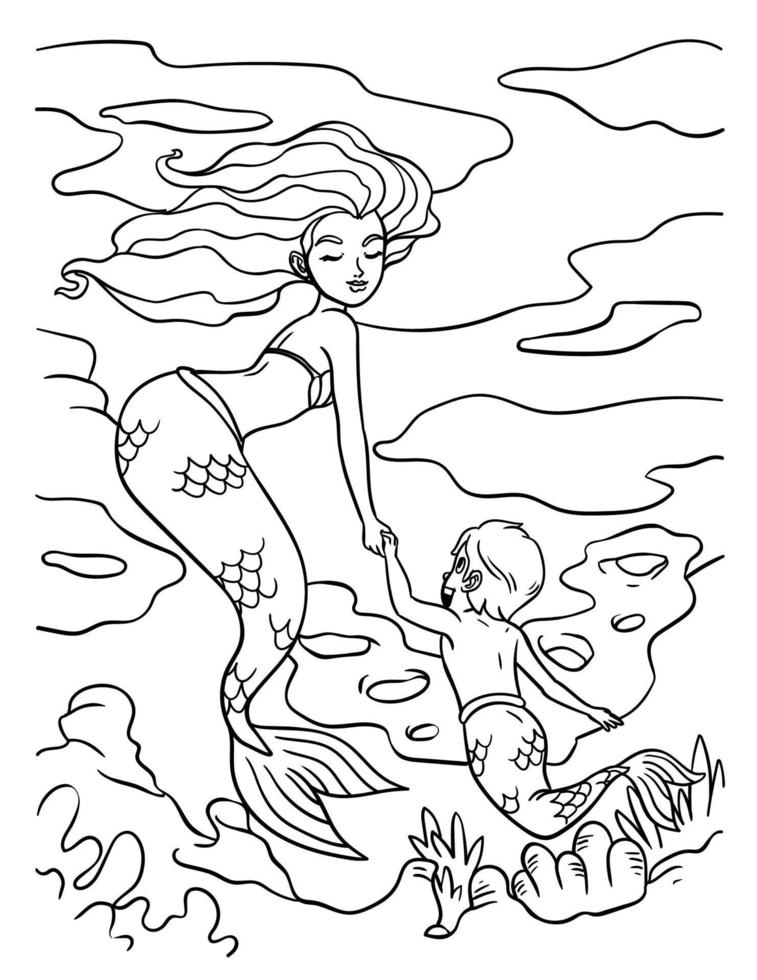 Mermaid and Young Merman Coloring Page for Kids vector