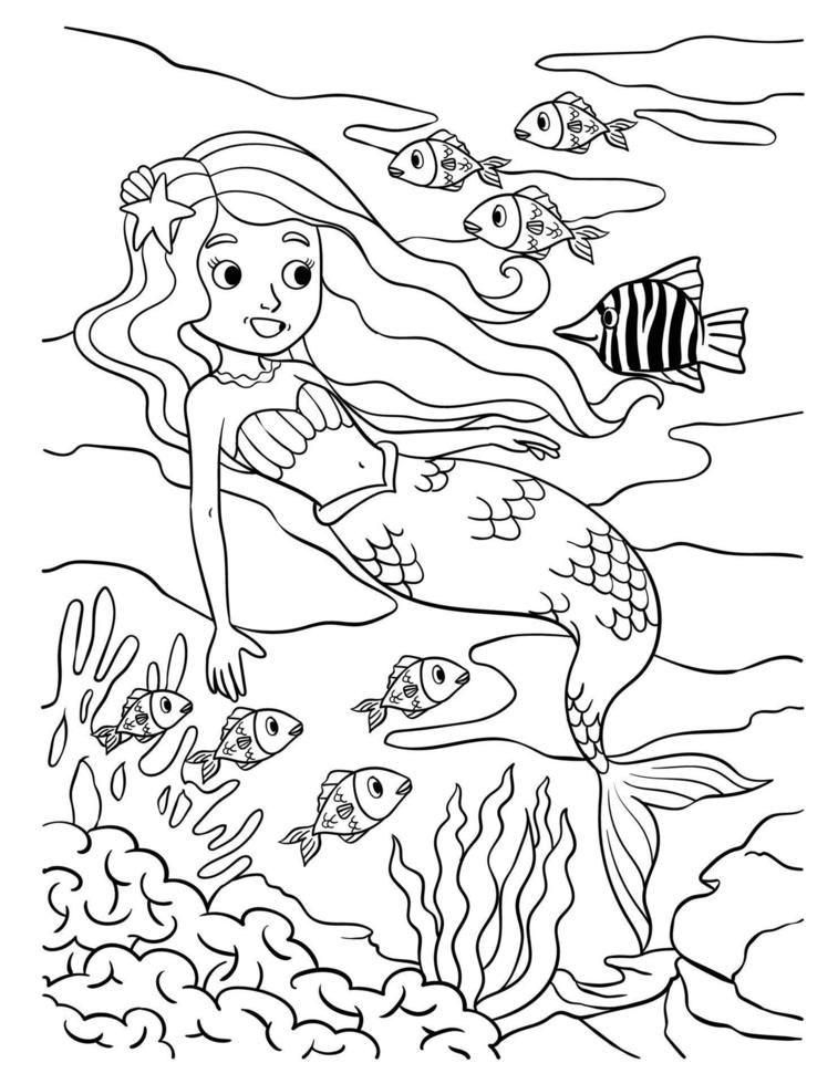 Mermaid and a Fish Coloring Page for Kids vector