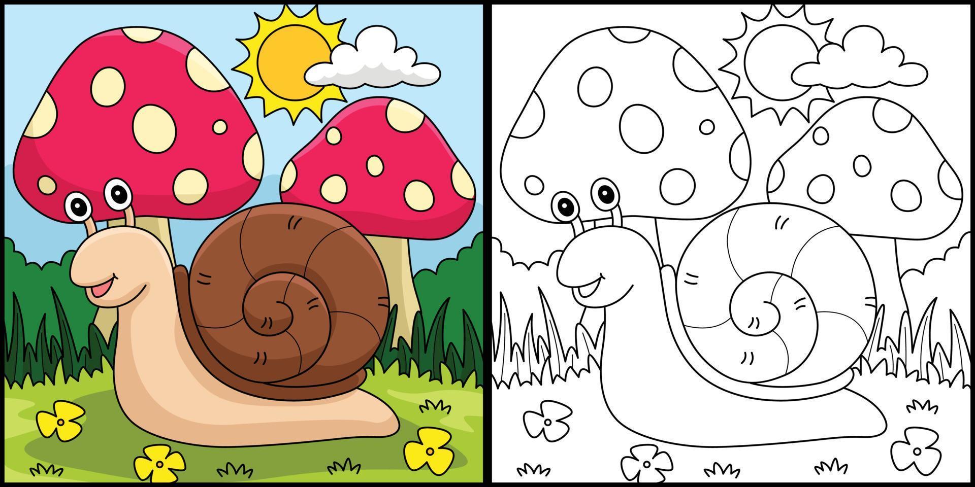 Spring Snail with Mushroom Coloring Illustration vector