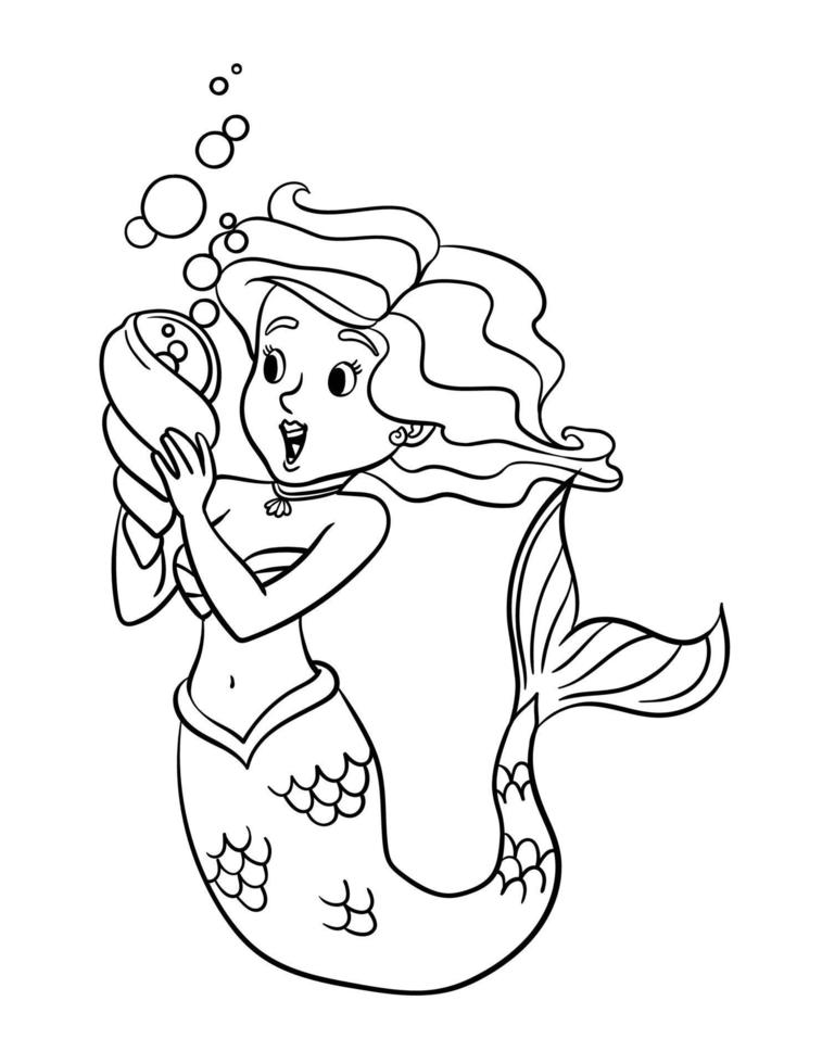 Mermaid Holding Spiral Shell Isolated Coloring vector