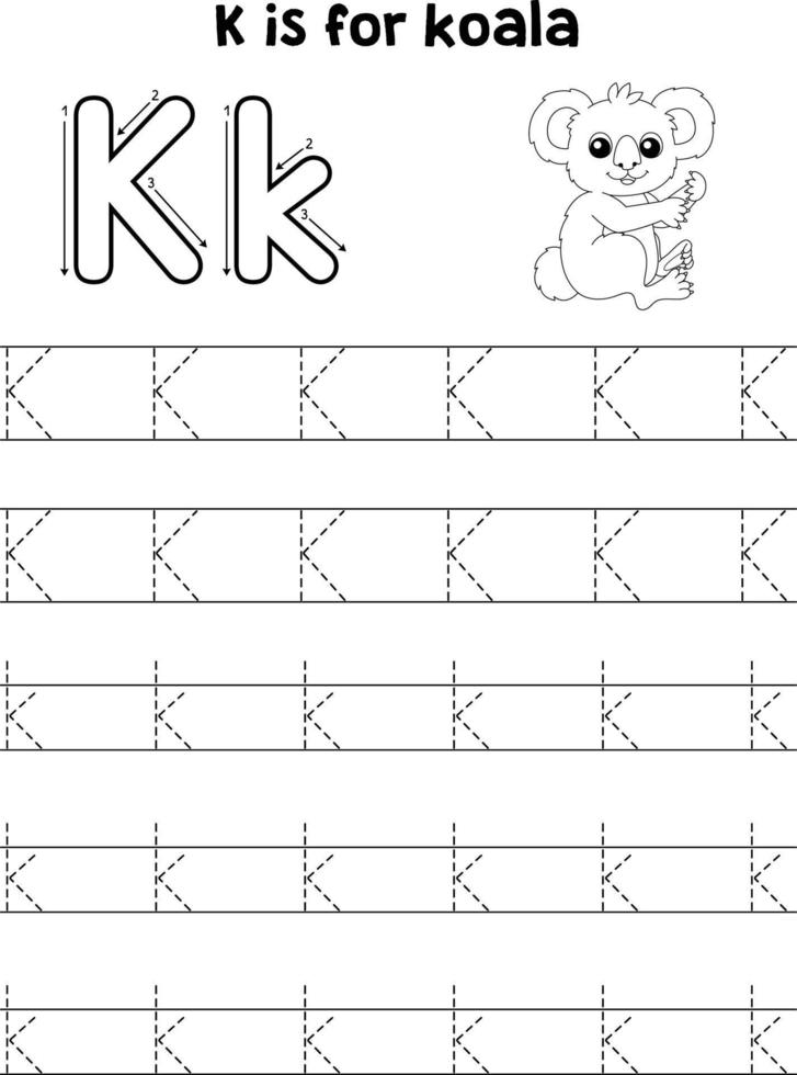 Koala Animal Tracing Letter ABC Coloring Page K vector