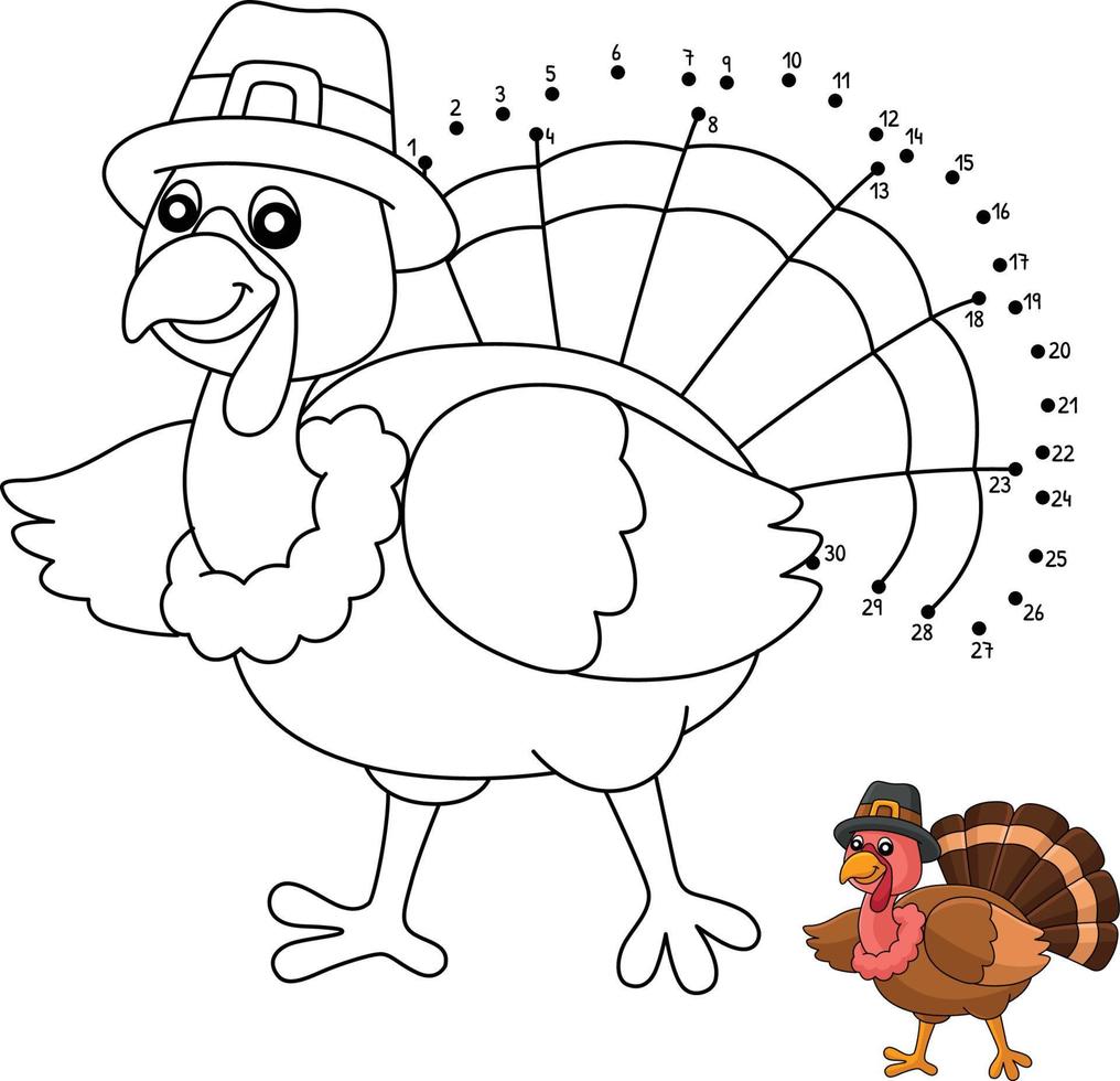 Dot To Dot Thanksgiving Turkey Pilgrim Hat Isolated Coloring vector