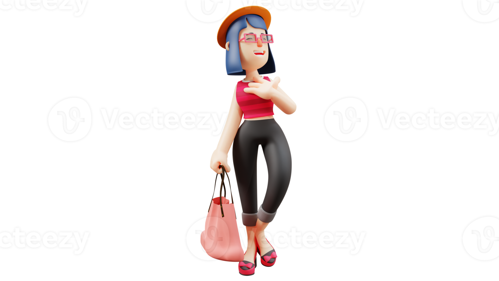 3D illustration. Rich Girl 3D Cartoon Character. Beautiful stylish woman carrying a red bag. Rich women are out for a walk. Smiling friendly woman. 3D Cartoon Character png