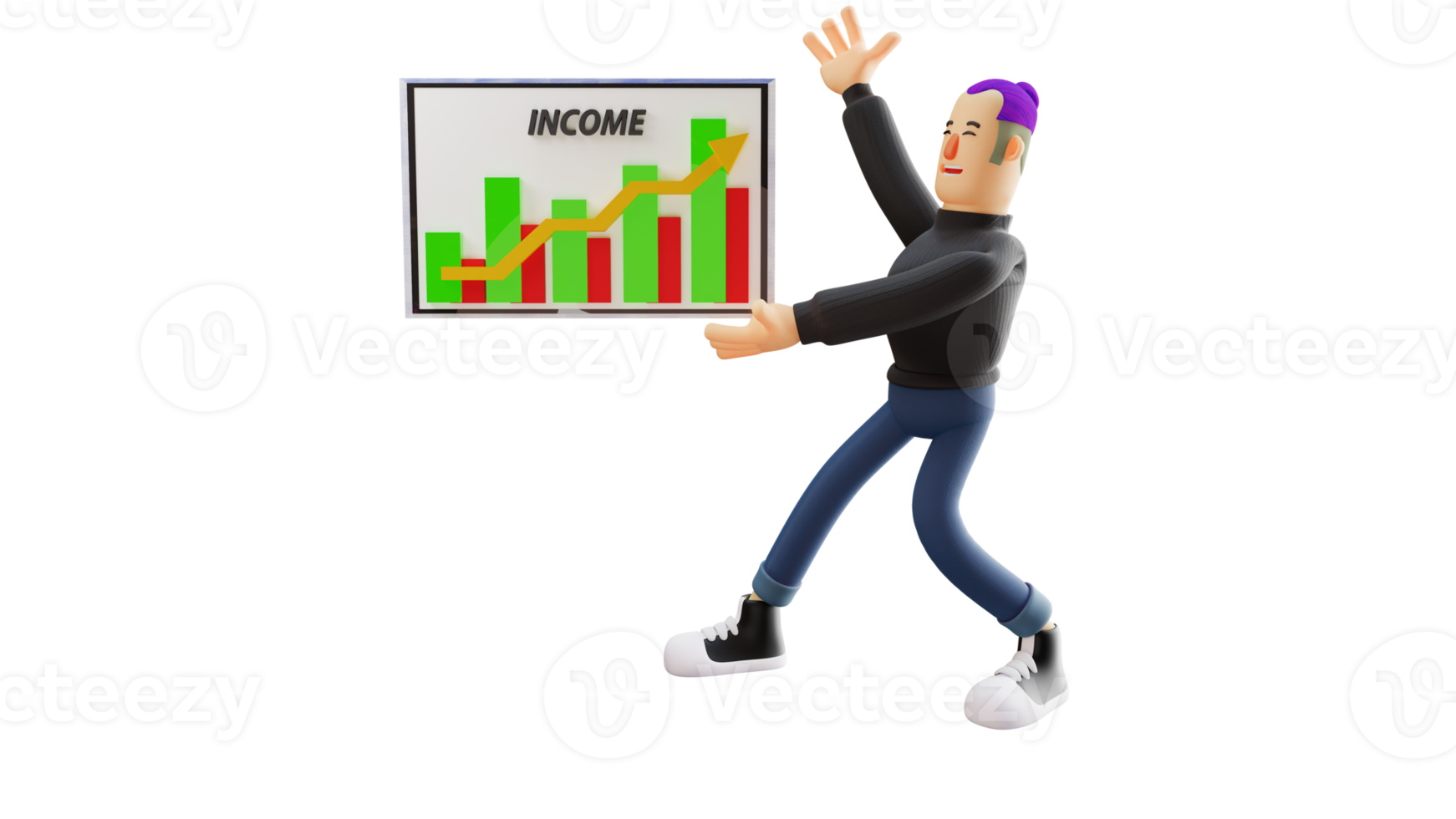 3D illustration. Successful young man 3D cartoon character. Stylish businessman showing chart board. Rich man showing his earnings. Successful man is very happy. 3D cartoon character png