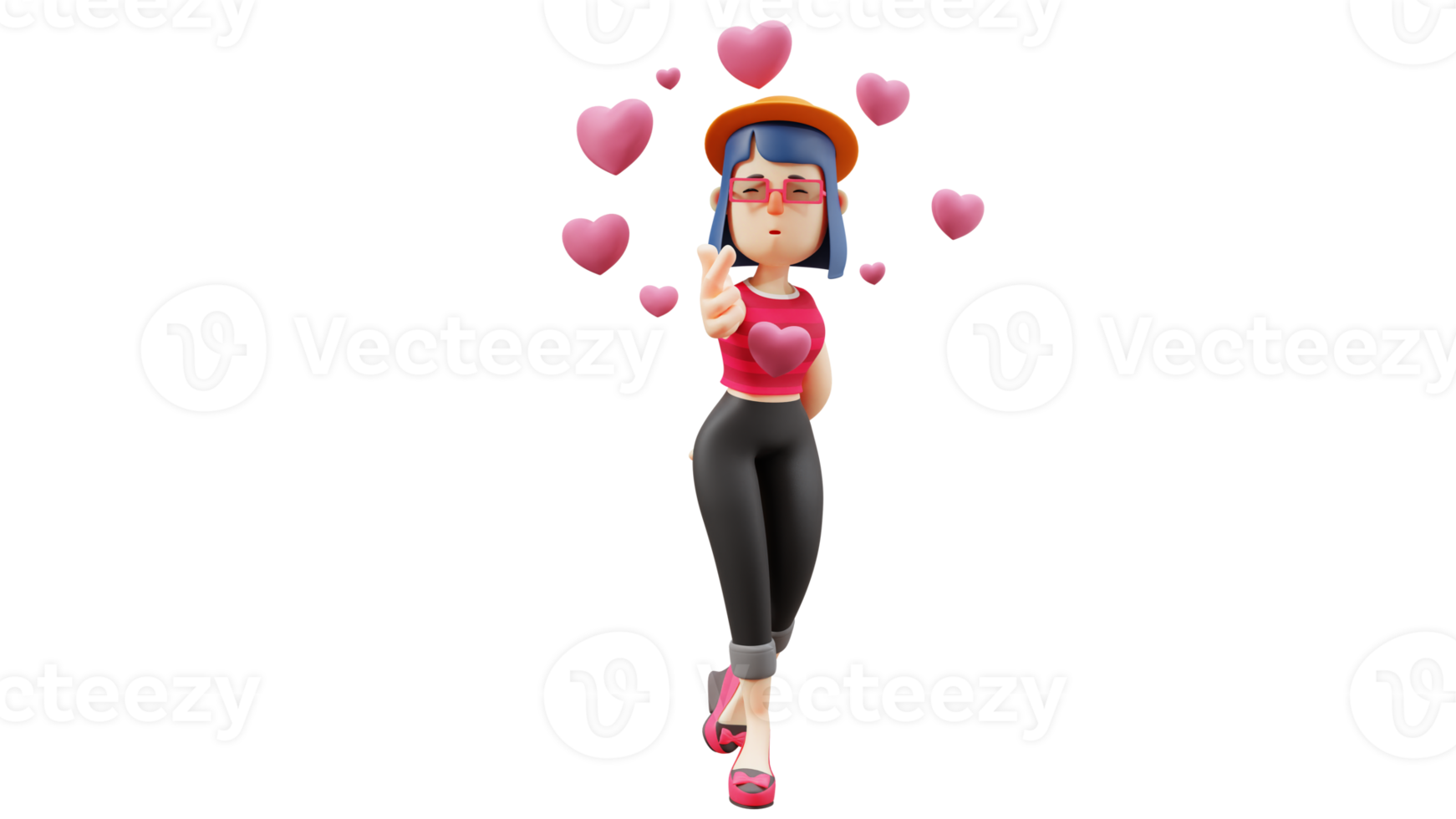 3D illustration. Romantic Girl 3D Cartoon Character. Beautiful woman smiling sweetly. Cute girl showing love sign. Cute girl surrounded by pink love signs. 3D Cartoon Character png