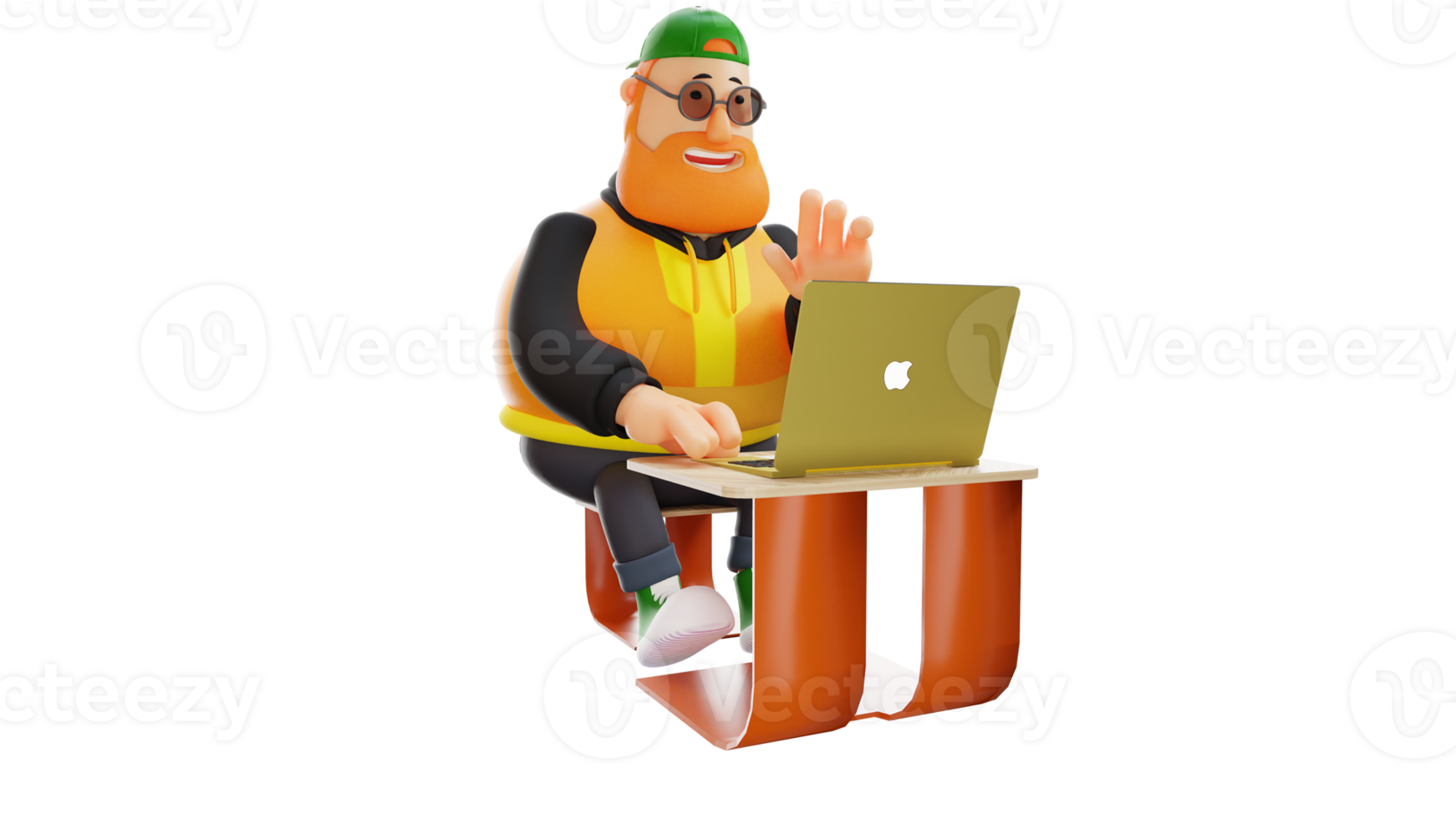 3D illustration. Diligent Fat Man 3D Cartoon Character. A stylish man at work. Young businessman is working in front of laptop and smiling happily. 3D Cartoon Character png