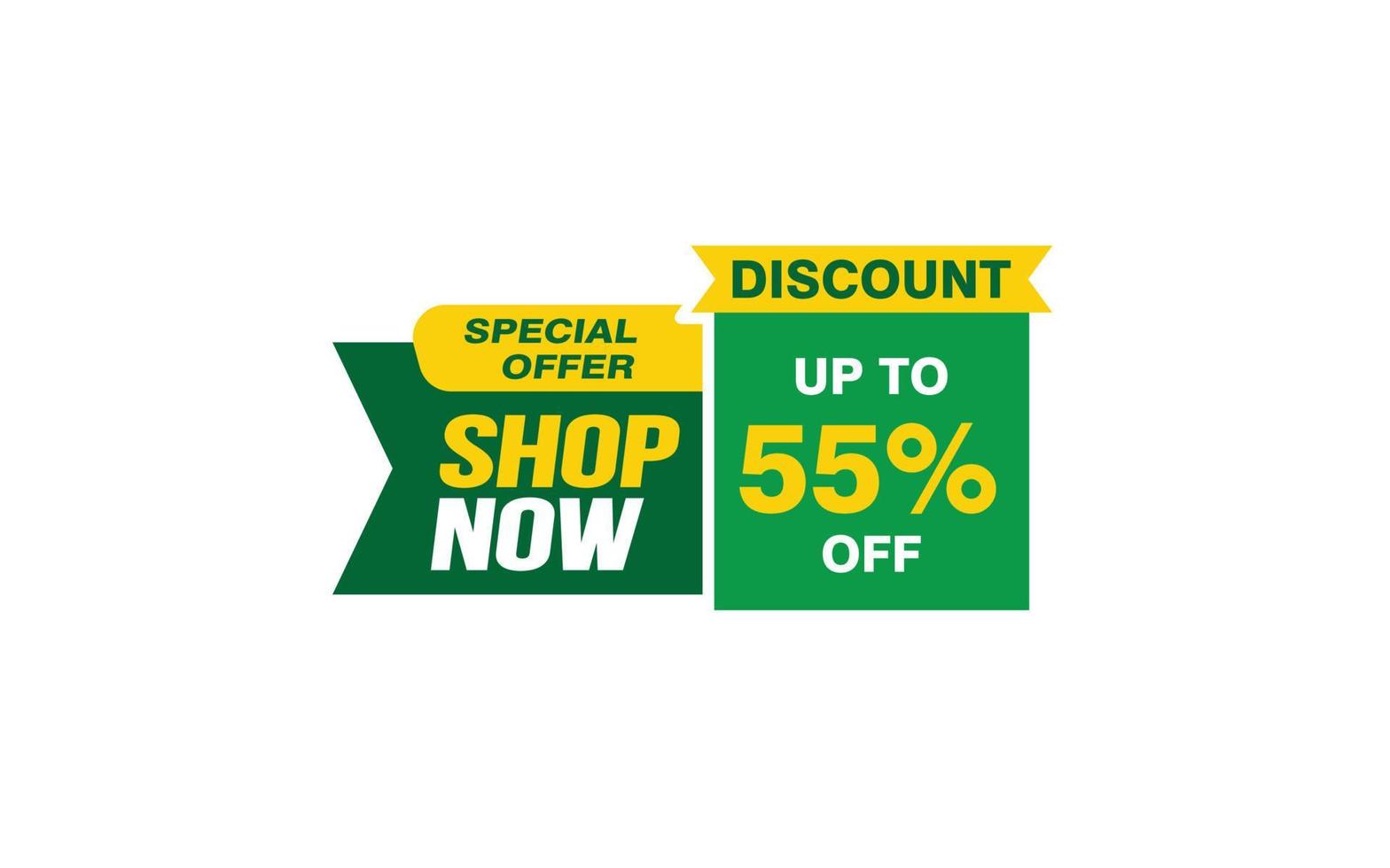 55 Percent SHOP NOW offer, clearance, promotion banner layout with sticker style. vector