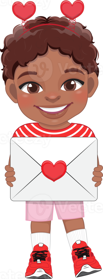 Valentine American African kid with little black boy holding love letter. Dating, Celebrating Valentines day flat icon. Brown curly hair young boyfriend cartoon character PNG. png