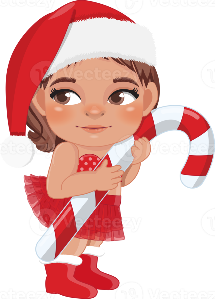 Cute Cartoon Girl Red Diaper Santa Hat Holding Candy Cane png