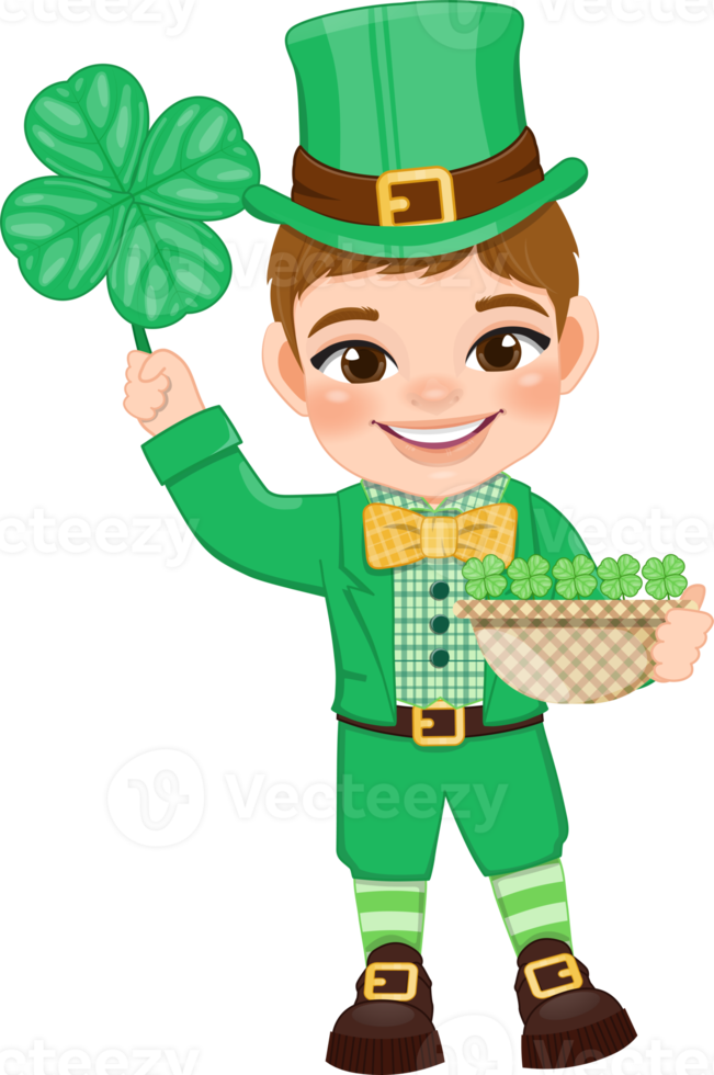 st. patrick s dag med brun hår pojke i irländsk kostymer innehav vitklöver och korg tecknad serie karaktär design png