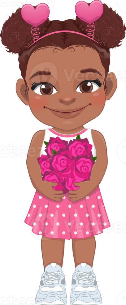 namorados americano africano criança com pequeno Preto menina segurando rosa flor. namorando, a comemorar dia dos namorados dia plano ícone. Castanho dois pães cabelo jovem namorada desenho animado personagem png. png