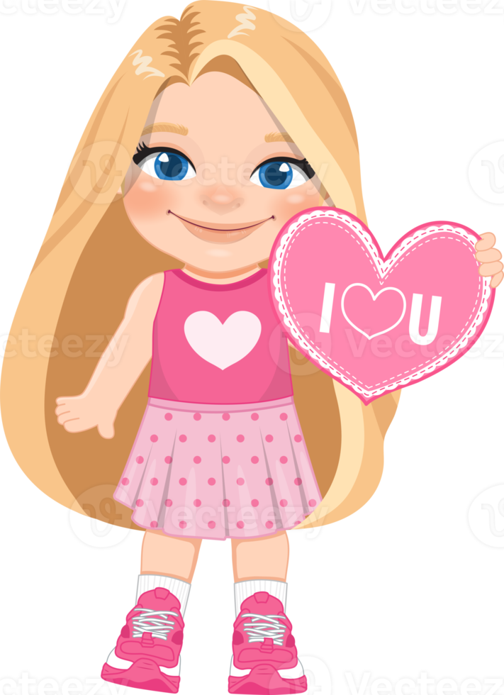 Valentine kid with little girl holding pink heart banner. Dating, Celebrating Valentines day flat icon. Blonde long hair young girlfriend cartoon character PNG. png