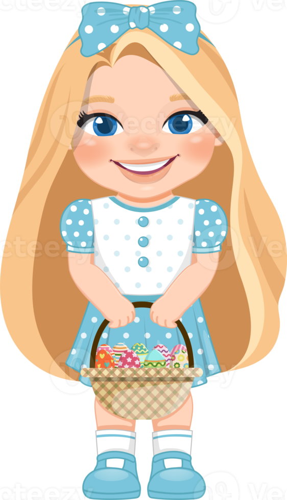 Happy Easter Day with Cute Girl Holding Eggs Basket Cartoon Character PNG
