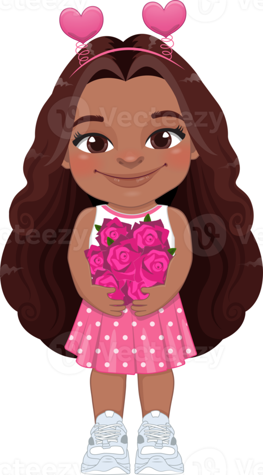 Valentine American African kid with little black girl holding rose flower. Dating, Celebrating Valentines day flat icon. Brown curly long hair young girlfriend cartoon character PNG. png