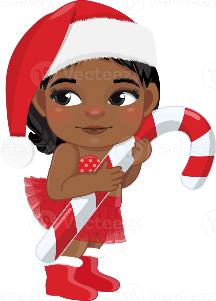 Cute Cartoon Girl Red Diaper Santa Hat Holding Candy Cane png