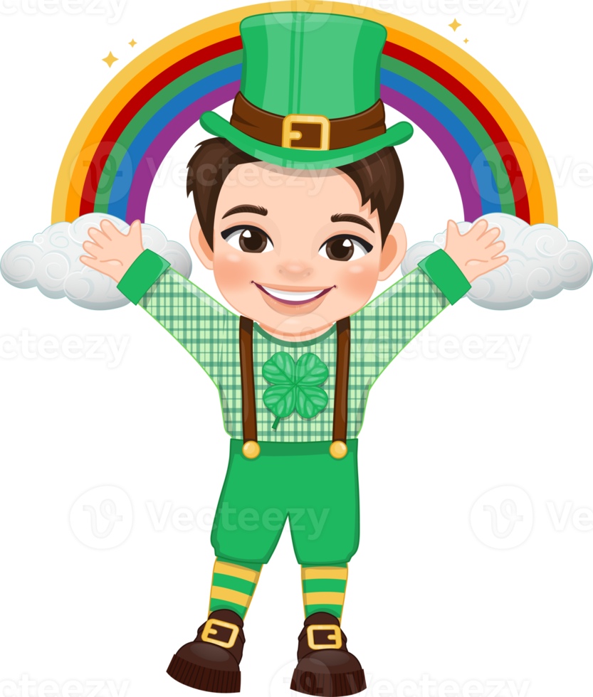 St. Patrick s Day with brown hair boy in Irish costumes standing front of rainbow cartoon character design png