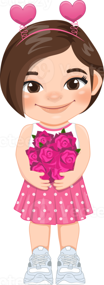 Valentine kid with little girl holding pink rose flowers. Dating, Celebrating Valentines day flat icon. Brown short hair young girlfriend cartoon character PNG. png